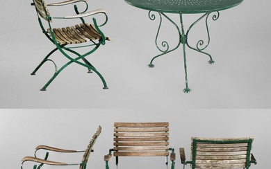 Ensemble de jardin 2ème moitié du 20ème siècle, composé de quatre chaises à accoudoirs rabattables...