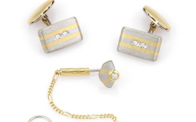 Estate Platinum & 18K Yellow Gold Diamond Cufflink and Tie Tack Set