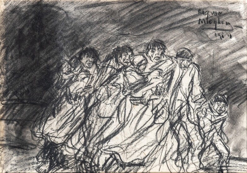 Eugeen Van Mieghem (1875-1930), fleeing family, charcoal and wash drawing, 24,5 x 35,5 cm