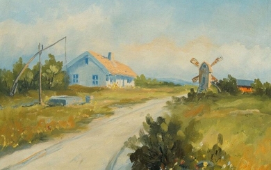 European School, mid 20th century- Landscape with windmill; oil on canvas, indistinctly signed (lower right), 37.2 x 47.1 cm.