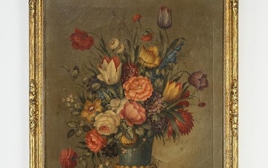 F. Stevens signed O/c floral still life with roses