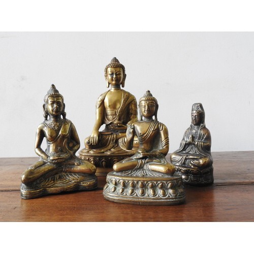 FOUR CAST BRONZE SEATED BUDDHA FIGURES, 20 cm high and three...