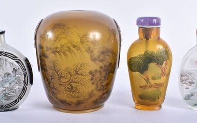 FOUR EARLY 20TH CENTURY CHINESE REVERSE PAINTED SNUFF BOTTLES Late Qing/Republic. Largest 9 cm x 6 c