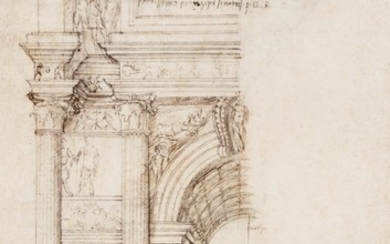 FRANCESCO DI GIORGIO MARTINI | RECTO: A STUDY IN HALF ELEVATION OF THE LEFT HALF OF THE SOUTH-WEST OR CITY FAÇADE OF THE ARCH OF TRAJAN AT BENEVENTO; VERSO: TWO ENLARGED DETAILS OF THE ARCH