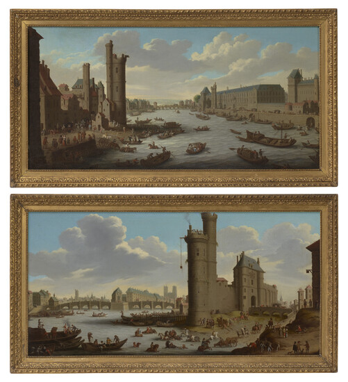 FRANCO FLEMISH SCHOOL, 17TH CENTURY Paris, a view of the Seine from the Pont Neuf with the Louvre at right and the Tour de Nesle at left; and Paris, a view of the Seine with the Tour des Nesle at right and the Pont Neuf in the distance
