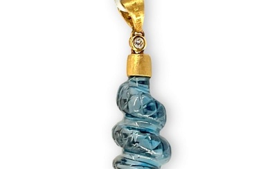 Fabulous Carved (18.17ct) Blue Topaz Pendant With 18kt Yellow Gold Hardware & Small Diamond Accent