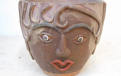Face planter, in Picasso style, terra cotta planter with applied facial decoration, hair, red lips