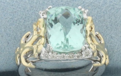 Fancy Checkerboard Cut Aquamarine and Diamond Ring in 14k White and Yellow Gold