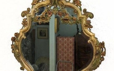 Fancy Painted Gesso Carved Wood Mirror. Decorative reli