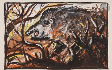 Ferdinand DESNOS (1901-1958)TheSnared Hare - The Weasel - The Little Fawn - The Old Loner - The CrowsWatercolorand gouache highlights.Signed lower right.Signed and titled on the back.10,5 x 16 cm