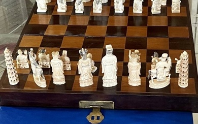 Fine ANTIQUE CHINESE Hand CARVED Bone CHESS Set in Original Silk Hand-made fitted Box