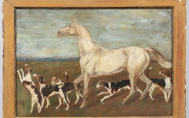 Folky painting of white horse oil on panel