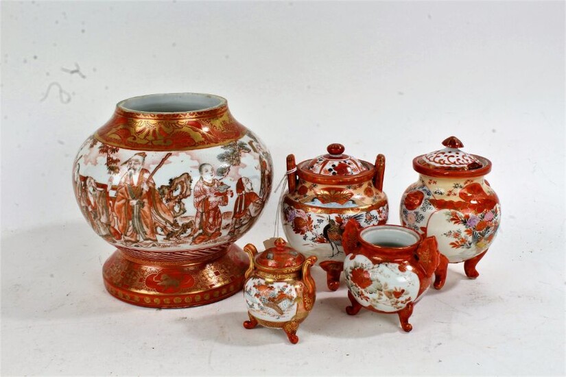 Four Japanese Kutani porcelain koro style vases, 20th century, each of bulbous form raised on