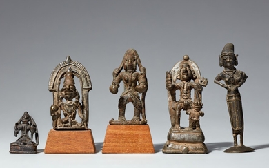 Four Madhya Pradesh Kandesh copper alloy figures of deities and one Tamil Nadu figure of Yasoda. Central and Southern India. 19th/20th century