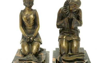 French Art Deco Period Bronze Bookends of Pierrot and