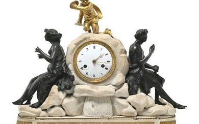 French Beaux Arts Bronze and Marble Mantel Clock.
