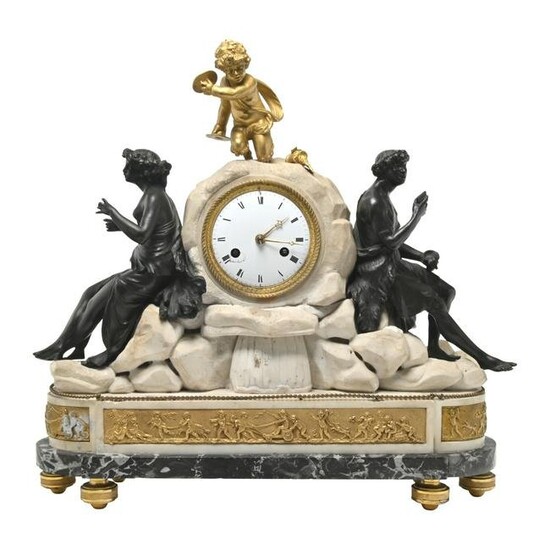 French Beaux Arts Bronze and Marble Mantel Clock.