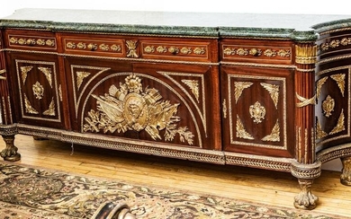 French Mahogany, Louis Xvi Style Bronze Ormolu Mounted Commode, H 38”, L 96”, D 22&#8221