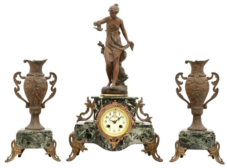 French Patinated Metal & Marble Clock Garniture