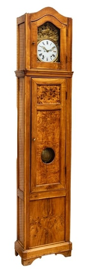 French Provencial Cherrywood Carved Tall Case Morbier Clock, Ca. 1800, H 93" W 19" Depth 9"