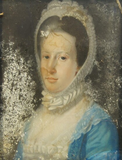 French School, 18th century- Portrait of a lady, quarter-length turned to the left in a blue dress and lace bonnet; pastel on paper laid down on canvas, 55 x 43 cm Provenance: The estate of the late designer, Anthony Powell.