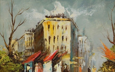 French School, mid/late 20th century- Street scene; oil on canvas board, signed indistinctly lower right, 18.5 x 23.7 cm