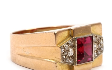 French ruby and diamond ring set with a faceted synthetic ruby flanked by numerous rose-cut diamonds, mounted in 18k gold and white gold. Size 55. 1940's.