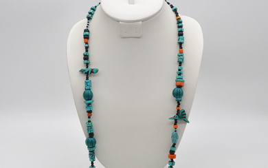 VINTAGE GEMSTONE NECKLACE WITH TURQUOISE, CORAL, WOOD AND GLASS BEADS, CA. 84 CM.