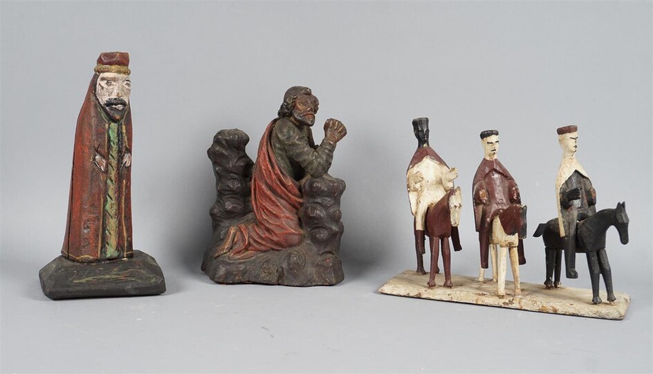 GROUP OF THREE POLYCHROMED WOOD FIGURAL SCULPTURES, 19TH CENTURY