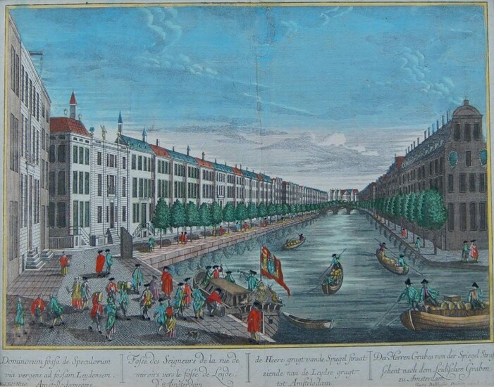 AMENDMENT: Please note VAT is payable on the hammer price for this Lot.Georg Balthasar Probst, German 1732-1801- View of the Herengracht, Amsterdam; hand-coloured copper engraving, 30 x 41.5 cm; Johann Sebastian Mueller, German 1715-1790- View of...