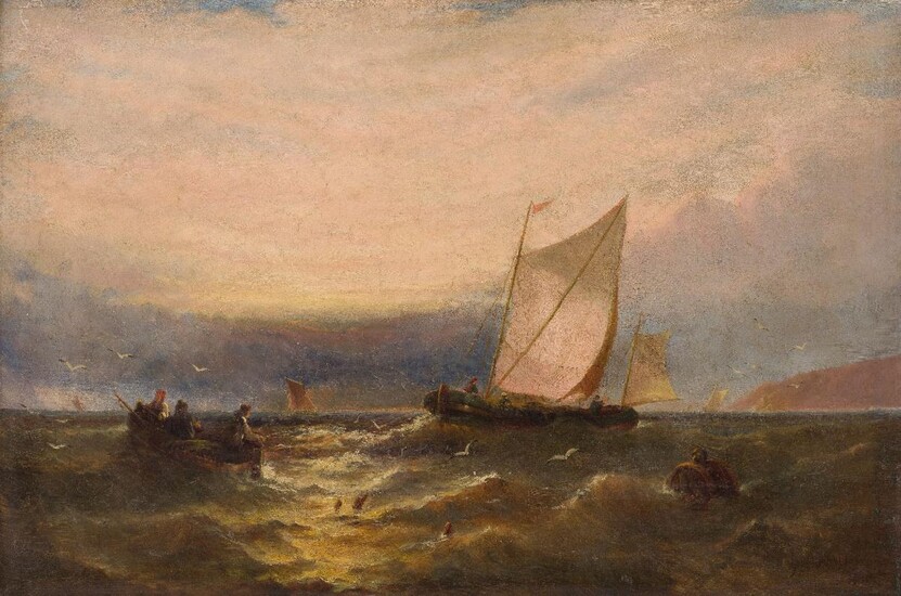 George Vincent, British 1796-c.1831- Fishing at dusk; oil on canvas, signed and dated 'Geo. Vincent / 77', 51.5 x 77 cm. Provenance: Private Collection, UK.