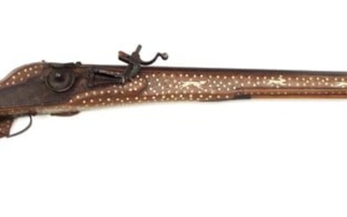 German Victorian era Wheel-lock Hunting Rifle. Octagonal rifled barrel, full stock profusely inlaid