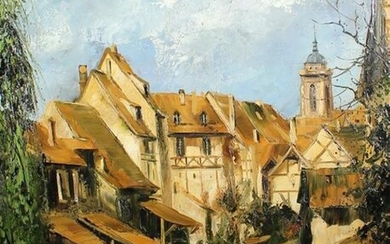 Gilles Fabre. Village en Alsace (Colmar). Huile sur toile. Signée. 56 x 46 cm.