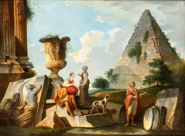 Giovanni Paolo Panini (seguace di) Architectural Capriccio with figures and the Cestia pyramid
