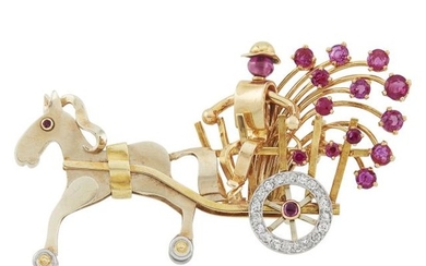 Gold, Platinum, Low Karat Gold, Ruby and Diamond Horse and Carriage Pin