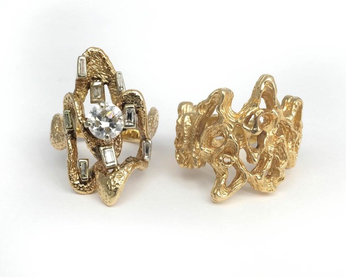 Gold and Diamond Nugget Ring and Gold Nugget Ring
