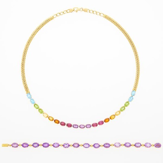 Gold and Multicolored Stone Necklace and Amethyst and Diamond Bracelet