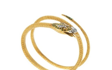 Gold 'snake' bracelet with diamonds and emeralds