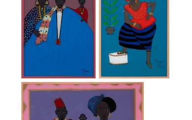 Gora Mbengue (1931-1988, Sénégal) Lot de trois peintures fixées sous verre
