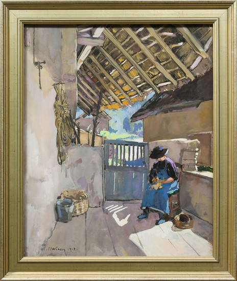 Gouache, Seated Figure in Roofed Courtyard