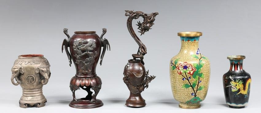 Group of Five Antique Chinese and Japanese Bronze and Cloisonne