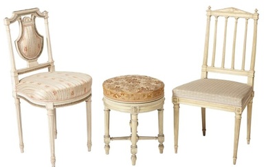 Group of Two Louis XVI Style Creme Peinte Side Chairs and Piano Stool, 19th c., Taller Chair- H.- 35