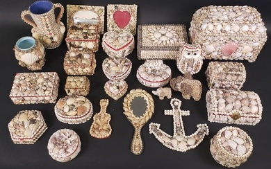 Group of Vintage Souvenir Shell Encrusted Ornaments and Boxes, 20th Century