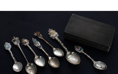 Group of seven Sterling and Continental silver souvenir teas...