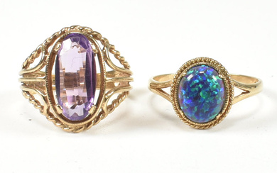 HALLMARKED 9CT GOLD & AMETHYST RING & HALLMARKED 9CT GOLD & SYNTHETIC OPAL RING