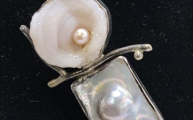 Hand Crafted Sterling Silver Sgn Pearl Druzy Brooch