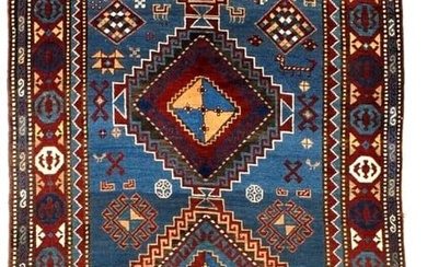 Hand Knotted Tribal Blue Red Caucasian Kazak Oriental Wool Area Rug 4'7" x 8'11"