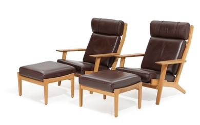 Hans J. Wegner: “GE 290A & GE 290S”. A pair of high-backed oak easy chairs with stools, loose cushions with brown leather. Manufactured by Getama. (4)