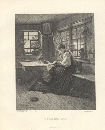 Hasemann, Young Girl Sewing Tranquil Hour 1888 engraved