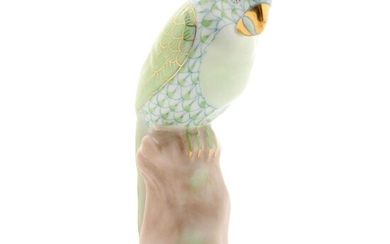 Herend Key Lime Fishnet with Gold "Perched Parrot" Porcelain Figurine